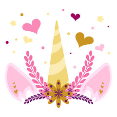 unicorn with hearts and flowers, hand drawn unicorn illustration