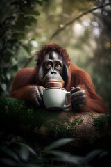 Obraz premium Orangutan drinking coffee