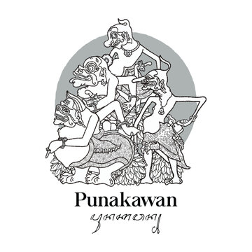 Black and White Punakawan wayang illustration. Hand drawn Indonesian shadow puppet.
