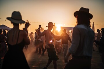 Boho hippie festival with people dancing at sunset. Generative AI - obrazy, fototapety, plakaty