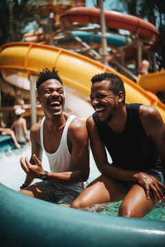 Gay couple enjoying summer at water park in swimming pool. Generative vertical shot