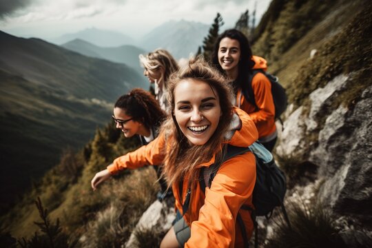 Girl friends taking selfie at mountain hike. Summer vacations concept. Generative AI