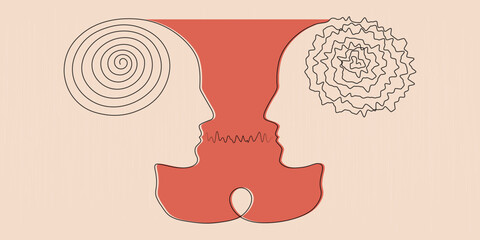 single line art Mental health illness, brain development, medical treatment concept, therapist treat patient illnesses by psychotherapy, vector illustration.