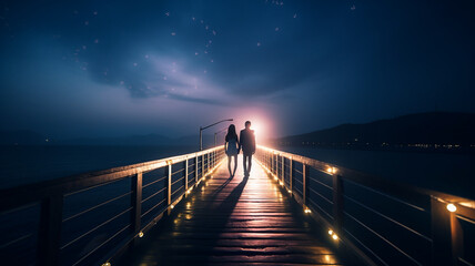 Couple walking on a long bridge together.