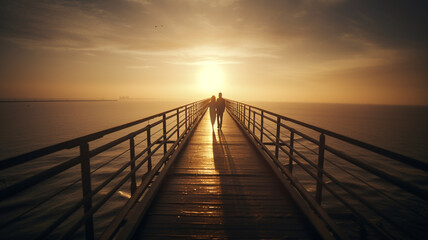 Fototapeta na wymiar Couple walking on a long bridge together.