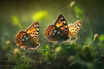Obraz premium Butterflies in a spring meadow against the background of blurred nature and sun rays, a forest meadow with a lot of beautiful spring green flowers outdoors on a bright sunny day, generated ai