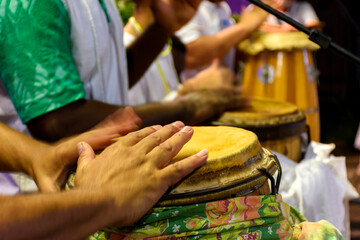 Drums called atabaque in Brazil being played during a ceremony typical of Umbanda, an...
