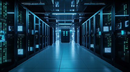 Data server network storage room interior, hallway.