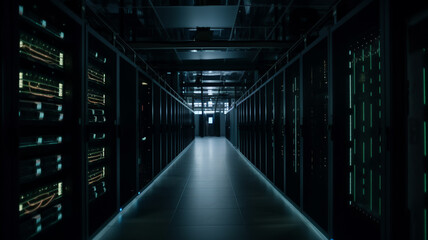 Fototapeta premium Data server network storage room interior, hallway.