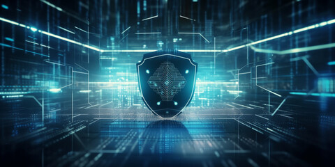 Safety shield technology on data connections futuristic background, protection security shield technology, cyber security for web tech, data storage, generated ai