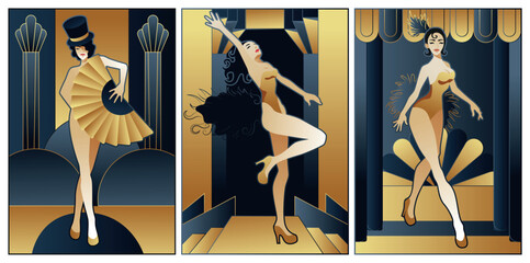 illustrations of art deco style in black and gold colours	