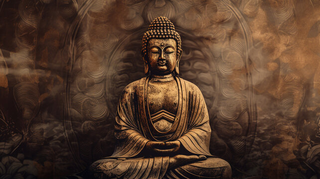 Buddhism background wallpaper with empty space for copy text. 
Buddha statue in vintage style, concept of spirituality and enlightenment.