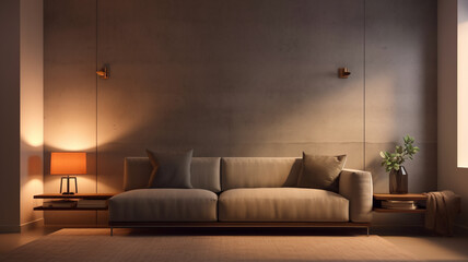 Modern styllsh living room with interior lights, with empty space for copy text. 