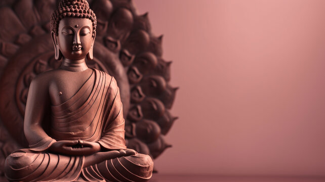 Buddhism background banner with buddha statue and empty space for copy text. Concept of religion and spiritual practice.
