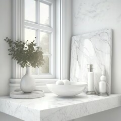 White bathroom interior. Empty marble table top for product display with blurred bathroom interior background square shaped with indoor plants vase soap dish Generative AI 