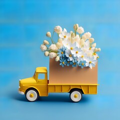 Yellow paper truck toy loaded with white spring flowers on blue background bouquet camille white plateau with blue painted wall background transport shop business car fragrant  Generative AI 