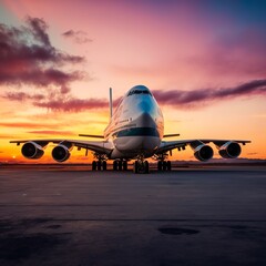 Fototapeta na wymiar a large jetliner sitting on top of an airport runway at sunset with a sky background and clouds in the sky above it and a plane on the ground landing gear engine rolls directly security Generative AI 