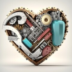 A symbolic heart made of construction tools Creative 3d render illustration for design templates on engineering, construction, interior finishing, repair and maintenance themes mechanism Generative AI