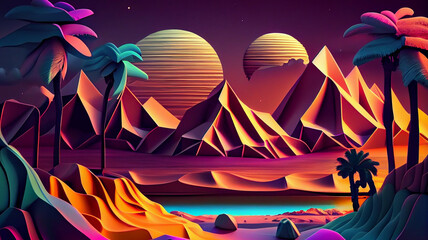 Cosmic colorful landscape background wallpaper with mountains, abstract 3D.