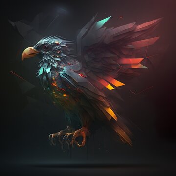 Abstract Bird on a Dark future concept black background turul color with outstretched wings colorfully illuminated neon crow eagle feather sharp claws fiery Generative AI