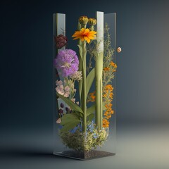 Botanical arrangement with glass pillars and flowers blooming wrapped with transparent foil dry flower artificial petals with black background 
florist in front of the cemetery bouquet Generative AI 