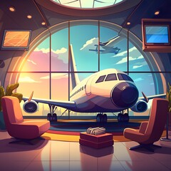 Cartoon airport terminal lounge with airplane on background passenger travel security modern waiting room big glass window runway hand drawn  jet aircraft airliner Generative AI