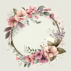 Circle Frame with Pink Watercolor Flowers. Elegant with white background wreath decorative pattern ring crown hair band pink branch bouquet peach blossom green leaves rose Generative AI - obrazy, fototapety, plakaty