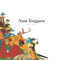 Set Nusa Tenggara Culture and Landmark Illustration. Hand drawn Indonesian cultures background