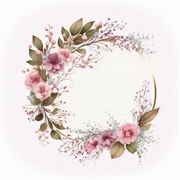 Circle Frame with Pink Watercolor Flowers. Elegant with white background wreath decorative pattern ring crown hair band pink branch bouquet peach blossom green leaves rose Generative AI