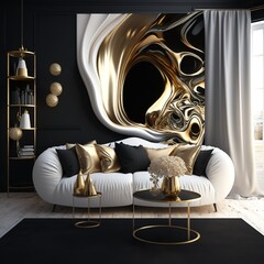 gold and black interior design of living room with white sofa golden pillow luxury home design style modern new ornate whirl round in circles picture swirl comfortable Generative AI