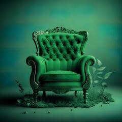 green armchair on green background sofa couch comfortable soft padded porous with armrests stabile chair soft well padded plants luxury home sit seat Generative AI 
