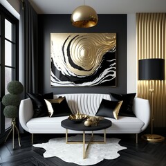 gold and black interior design of living room with white sofa golden pillow luxury home design style modern new ornate whirl round in circles picture swirl comfortable Generative AI