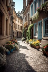Cute narrow street of antique cobblestone path. Generative AI vertical shot