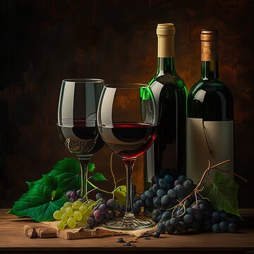 two glasses of wine sitting next to each other on a wooden table next to a bottle of wine and a bunch of grapes on the table. decoration serving vinery alcohol drink beverage Generative AI 
