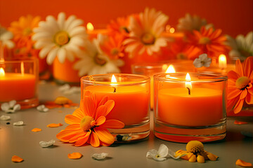 Fototapeta na wymiar Aroma candles with floral scent on orange