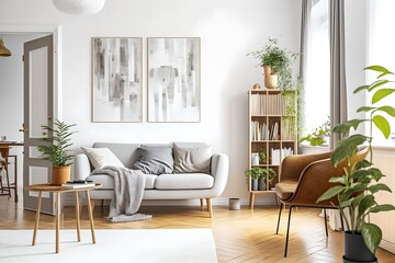 Fototapeta premium Light living room nordic style, generative ai image