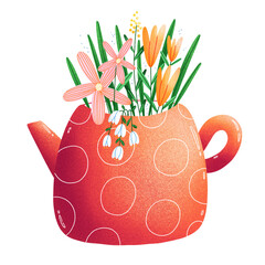 Red teapot with a flower bouquet illustration - 584738681