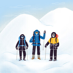Three climbers on top of a mountain illustration - 584738684