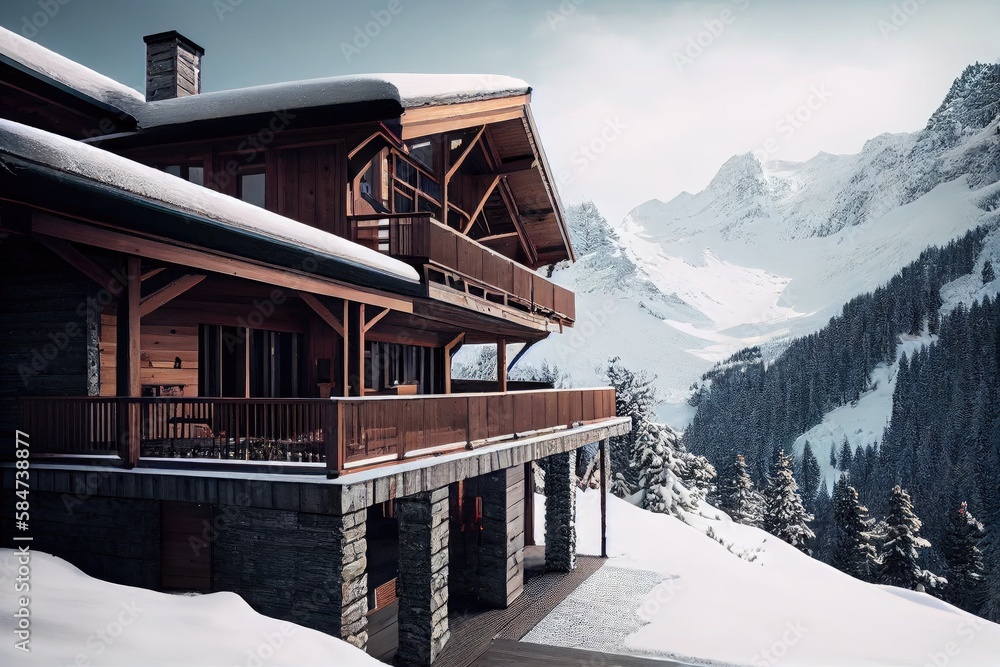 Canvas Prints chalet in mountains with snow-covered balcony and terrace exterior of the winter chalet, created with generative ai