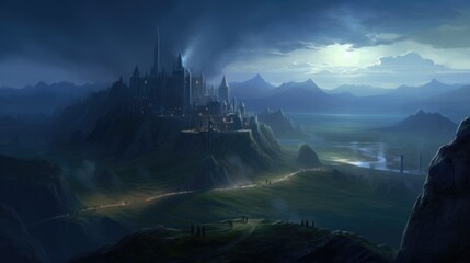 Fototapeta premium Landscape of Medieval Fantasy City Surrounded By Mountains Generative AI