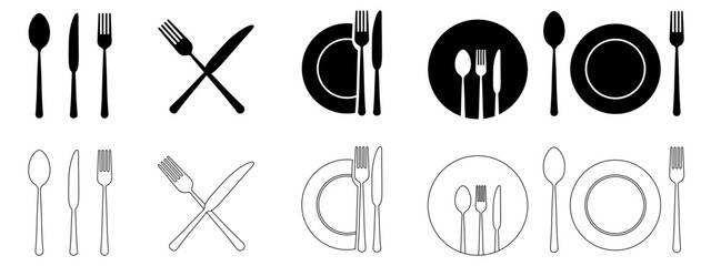 Cutlery silhouettes. Fork, knife, spoon and plate set icons. Vector utensil illustration restaurant symbols. Tableware set flat style. Vector EPS 10