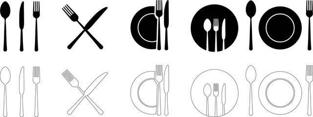 Cutlery silhouettes. Fork, knife, spoon and plate set icons. Vector utensil illustration restaurant symbols. Tableware set flat style. PNG image - obrazy, fototapety, plakaty