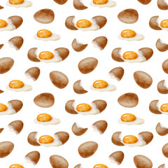 Watercolor eggs seamless pattern. Hand drawn brown chicken egg with yolk and glair illustration isolated on white background. Cooking natural ingredient. Fresh farm market food for package, recipe