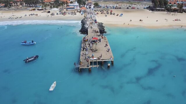 Santa Maria Beach Bay Aerial Drone landscapes footage in Sal Island Cabo Verde