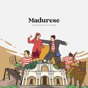 Set Madura Illustration. Hand drawn Indonesian cultures background