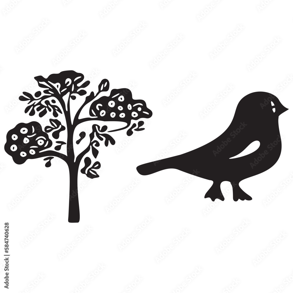 Wall mural Set of bird and botanical vector motif. Collection of garden wildlife and woodland songbirds.