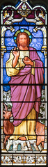 ANNECY, FRANCE - JULY 10, 2022: The  Heart of Jesus  on the stained glass of the church Eglise Saint Maurice by Claudius Lavergne from 19. cent.