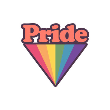 Pride Text with rainbow flag badge. LGBT symbol. Gay, Lesbian, Bisexual, Trans, Queer love symbol of diversity.