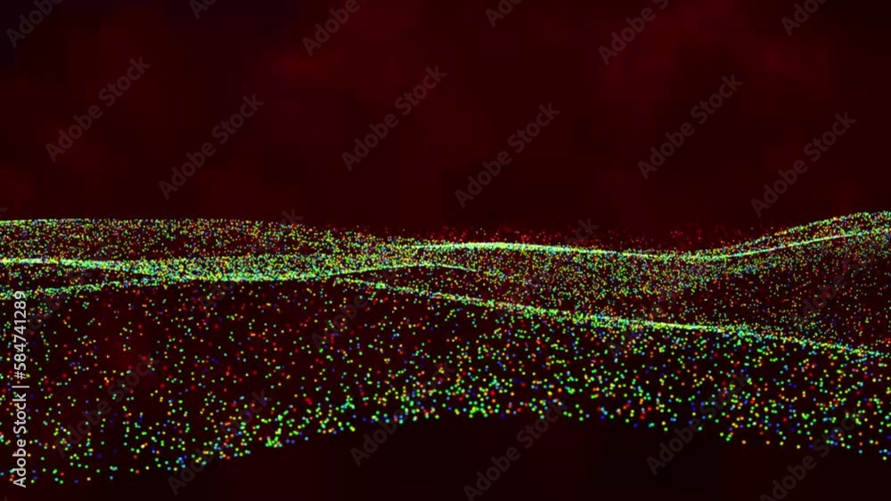 Poster dynamic particles dots wave flowing over dark. 3d rendering. flowing dot and smoke particles wave is