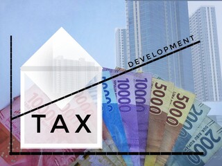 Illustration concept TAX development in envelope with rupiah money and high city building background 
